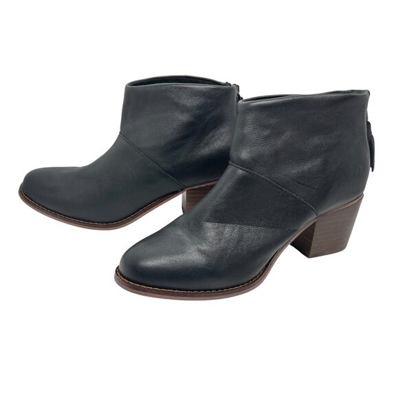 TOMS BLACK LEATHER HEEL ANKLE BOOTS 6.5 WOMENS BACK  ZIP TASSEL BOOTIES WOOD HEE - Picture 5 of 16